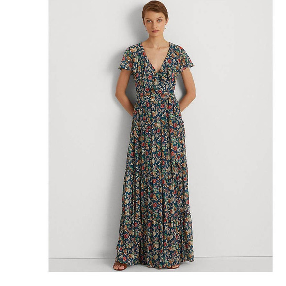 Ralph Lauren Zippered Belted Full-Length Evening Fit Flare Dress Blue Size 6 NWT